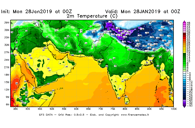Mappa di analisi GFS - Temperatura a 2 metri dal suolo [°C] in Asia Sud-Occidentale
							del 28/01/2019 00 <!--googleoff: index-->UTC<!--googleon: index-->