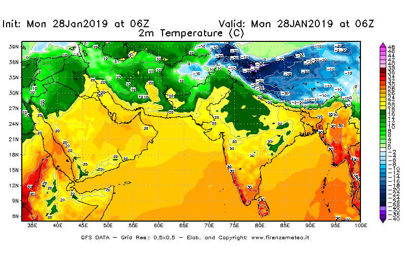 Mappa di analisi GFS - Temperatura a 2 metri dal suolo [°C] in Asia Sud-Occidentale
							del 28/01/2019 06 <!--googleoff: index-->UTC<!--googleon: index-->