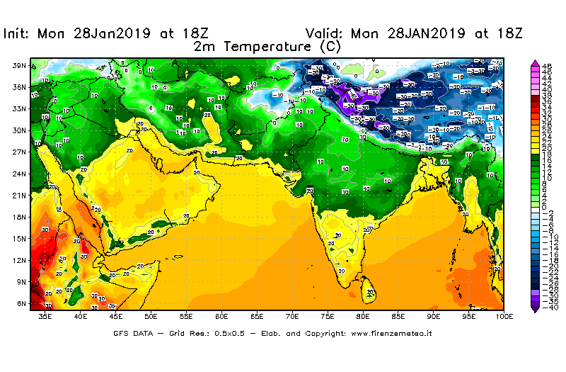 Mappa di analisi GFS - Temperatura a 2 metri dal suolo [°C] in Asia Sud-Occidentale
							del 28/01/2019 18 <!--googleoff: index-->UTC<!--googleon: index-->