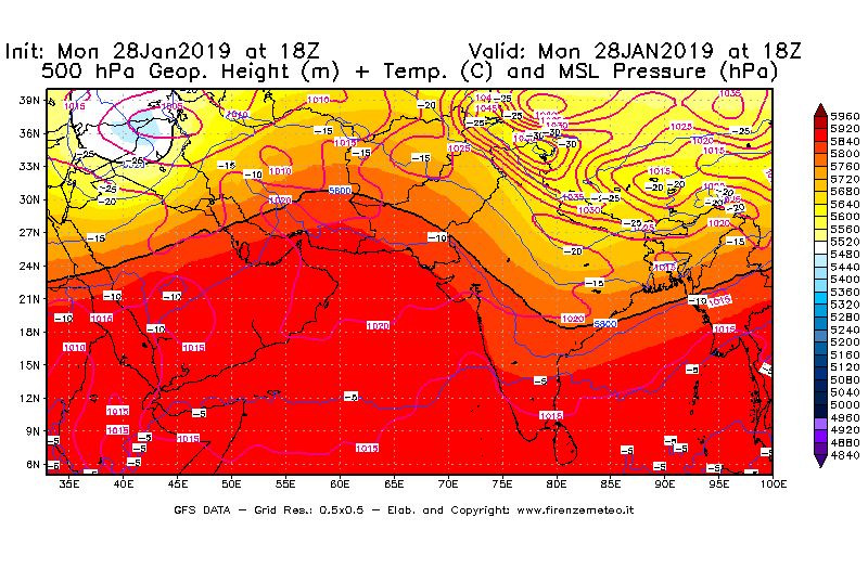 Mappa di analisi GFS - Geopotenziale [m] + Temp. [°C] a 500 hPa + Press. a livello del mare [hPa] in Asia Sud-Occidentale
							del 28/01/2019 18 <!--googleoff: index-->UTC<!--googleon: index-->