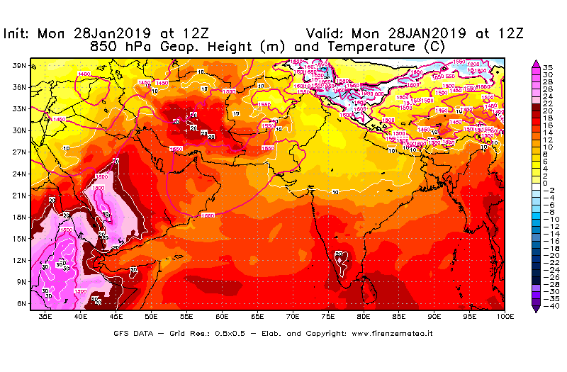 Mappa di analisi GFS - Geopotenziale [m] e Temperatura [°C] a 850 hPa in Asia Sud-Occidentale
							del 28/01/2019 12 <!--googleoff: index-->UTC<!--googleon: index-->