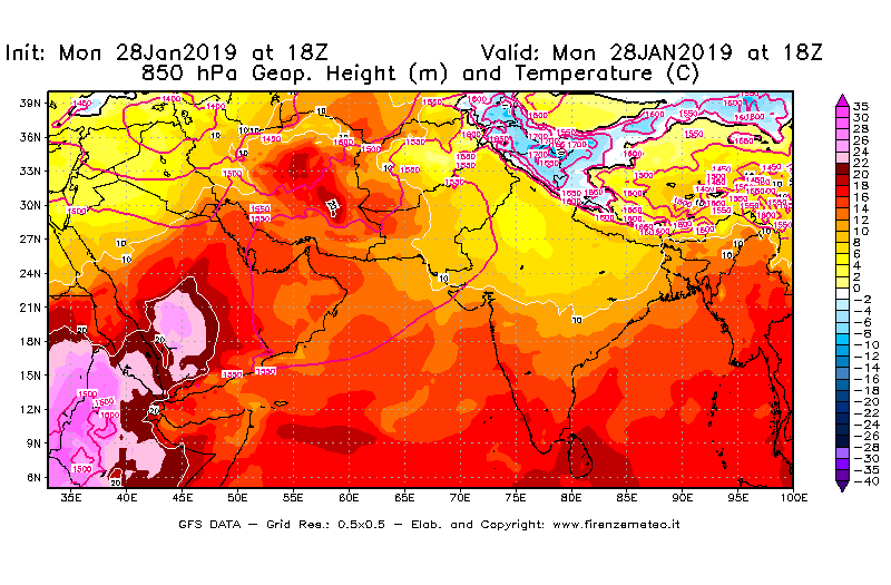 Mappa di analisi GFS - Geopotenziale [m] e Temperatura [°C] a 850 hPa in Asia Sud-Occidentale
							del 28/01/2019 18 <!--googleoff: index-->UTC<!--googleon: index-->
