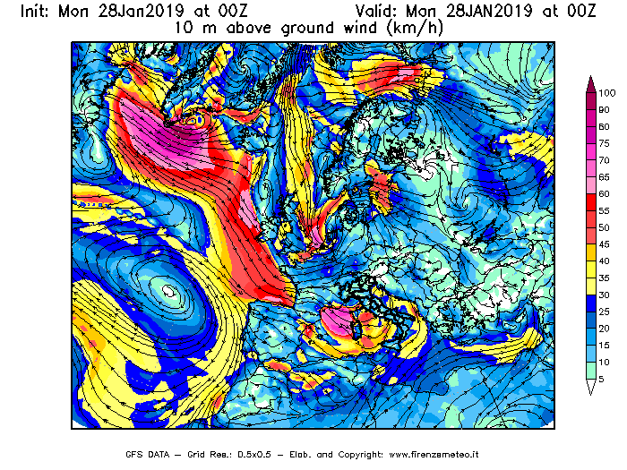 Mappa di analisi GFS - Velocità del vento a 10 metri dal suolo [km/h] in Europa
							del 28/01/2019 00 <!--googleoff: index-->UTC<!--googleon: index-->