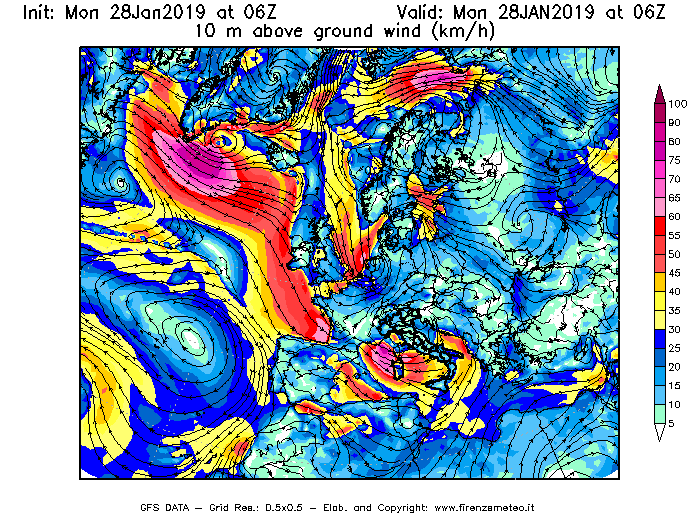 Mappa di analisi GFS - Velocità del vento a 10 metri dal suolo [km/h] in Europa
							del 28/01/2019 06 <!--googleoff: index-->UTC<!--googleon: index-->