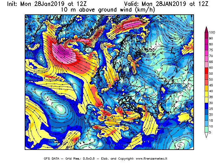 Mappa di analisi GFS - Velocità del vento a 10 metri dal suolo [km/h] in Europa
							del 28/01/2019 12 <!--googleoff: index-->UTC<!--googleon: index-->