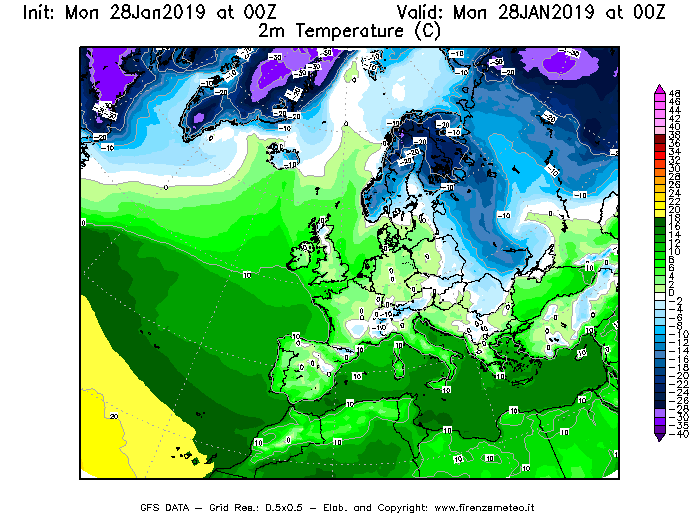 Mappa di analisi GFS - Temperatura a 2 metri dal suolo [°C] in Europa
							del 28/01/2019 00 <!--googleoff: index-->UTC<!--googleon: index-->
