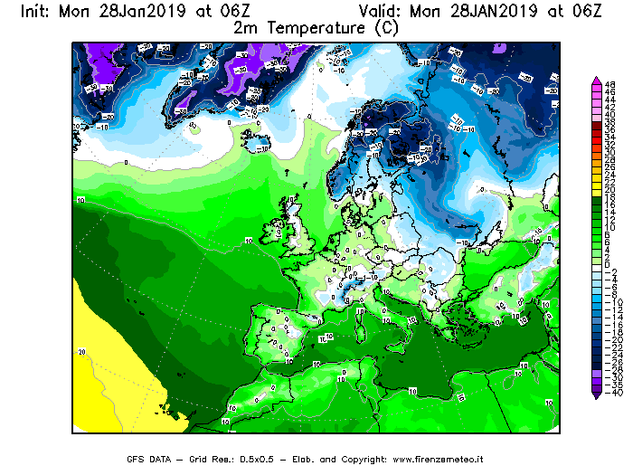 Mappa di analisi GFS - Temperatura a 2 metri dal suolo [°C] in Europa
							del 28/01/2019 06 <!--googleoff: index-->UTC<!--googleon: index-->