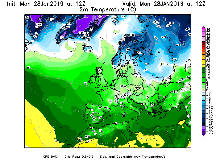 Mappa di analisi GFS - Temperatura a 2 metri dal suolo [°C] in Europa
							del 28/01/2019 12 <!--googleoff: index-->UTC<!--googleon: index-->