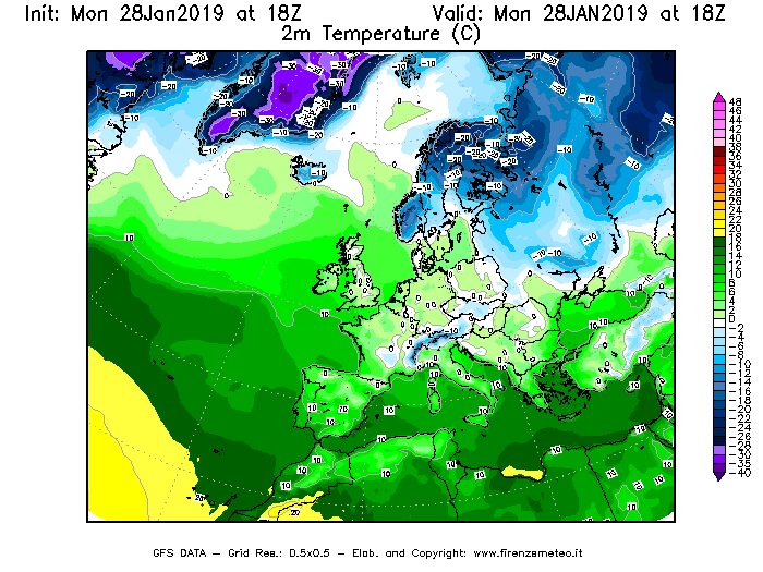 Mappa di analisi GFS - Temperatura a 2 metri dal suolo [°C] in Europa
							del 28/01/2019 18 <!--googleoff: index-->UTC<!--googleon: index-->