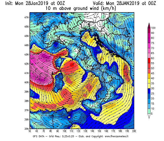 Mappa di analisi GFS - Velocità del vento a 10 metri dal suolo [km/h] in Italia
							del 28/01/2019 00 <!--googleoff: index-->UTC<!--googleon: index-->