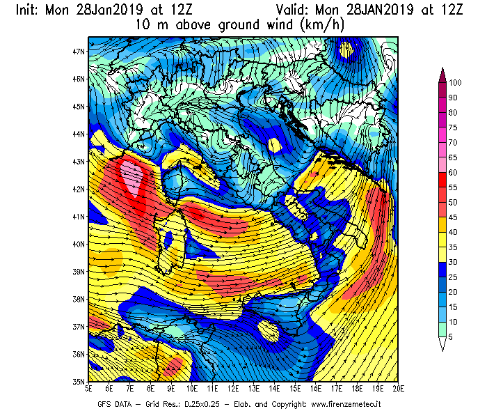 Mappa di analisi GFS - Velocità del vento a 10 metri dal suolo [km/h] in Italia
							del 28/01/2019 12 <!--googleoff: index-->UTC<!--googleon: index-->