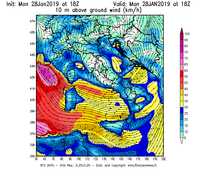 Mappa di analisi GFS - Velocità del vento a 10 metri dal suolo [km/h] in Italia
							del 28/01/2019 18 <!--googleoff: index-->UTC<!--googleon: index-->