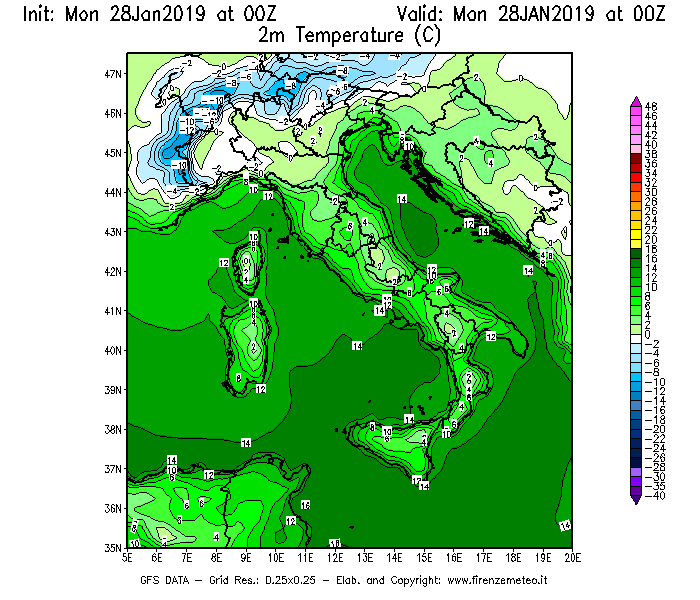 Mappa di analisi GFS - Temperatura a 2 metri dal suolo [°C] in Italia
							del 28/01/2019 00 <!--googleoff: index-->UTC<!--googleon: index-->