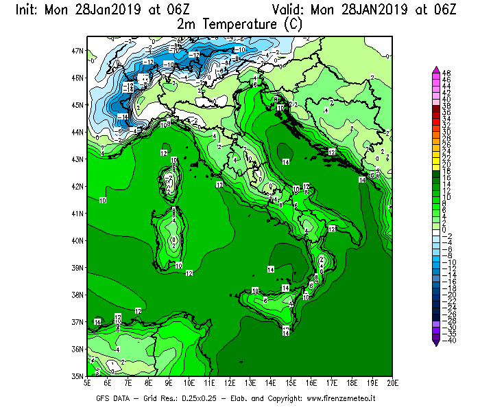 Mappa di analisi GFS - Temperatura a 2 metri dal suolo [°C] in Italia
							del 28/01/2019 06 <!--googleoff: index-->UTC<!--googleon: index-->