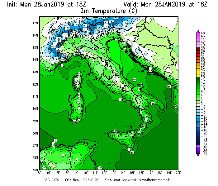 Mappa di analisi GFS - Temperatura a 2 metri dal suolo [°C] in Italia
							del 28/01/2019 18 <!--googleoff: index-->UTC<!--googleon: index-->