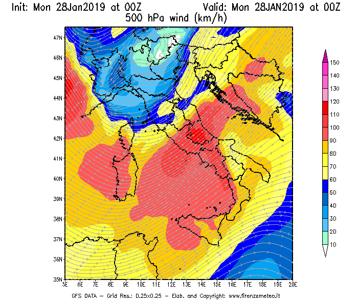 Mappa di analisi GFS - Velocità del vento a 500 hPa [km/h] in Italia
							del 28/01/2019 00 <!--googleoff: index-->UTC<!--googleon: index-->