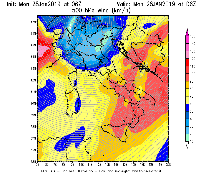 Mappa di analisi GFS - Velocità del vento a 500 hPa [km/h] in Italia
							del 28/01/2019 06 <!--googleoff: index-->UTC<!--googleon: index-->