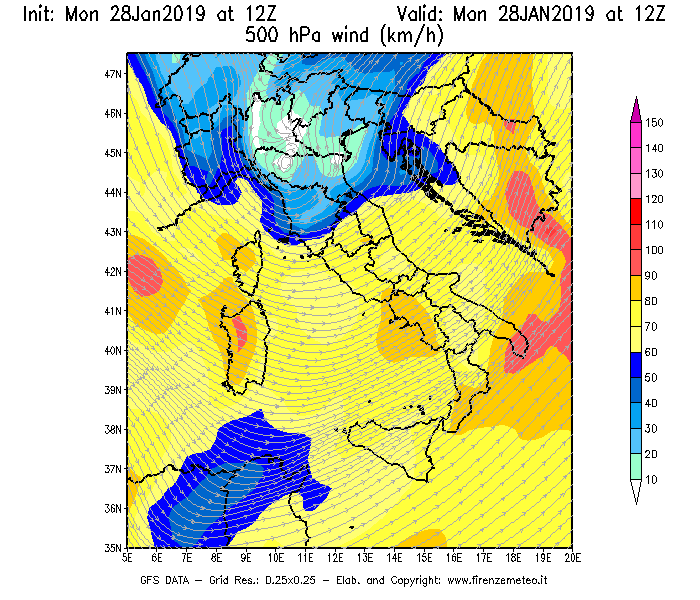 Mappa di analisi GFS - Velocità del vento a 500 hPa [km/h] in Italia
							del 28/01/2019 12 <!--googleoff: index-->UTC<!--googleon: index-->