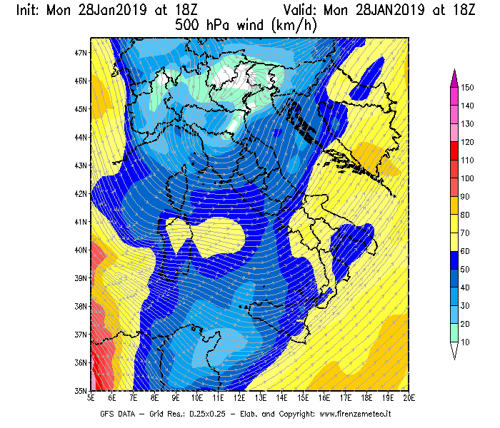 Mappa di analisi GFS - Velocità del vento a 500 hPa [km/h] in Italia
							del 28/01/2019 18 <!--googleoff: index-->UTC<!--googleon: index-->