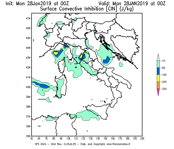Mappa di analisi GFS - CIN [J/kg] in Italia
							del 28/01/2019 00 <!--googleoff: index-->UTC<!--googleon: index-->