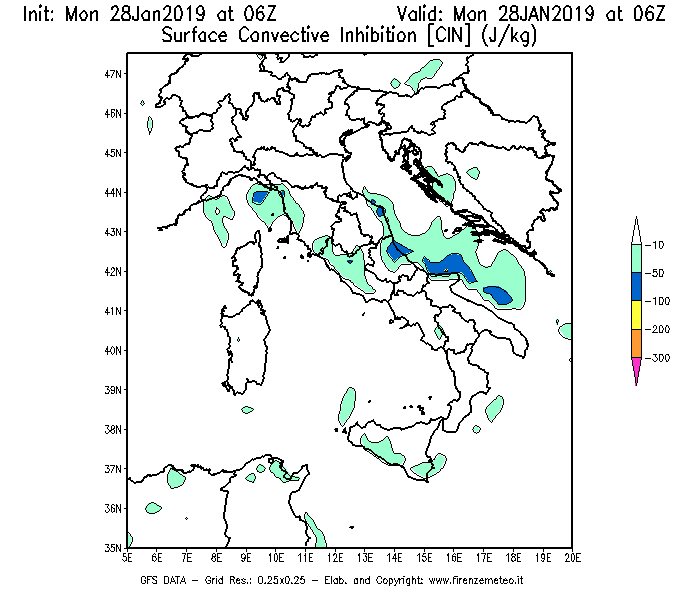 Mappa di analisi GFS - CIN [J/kg] in Italia
							del 28/01/2019 06 <!--googleoff: index-->UTC<!--googleon: index-->