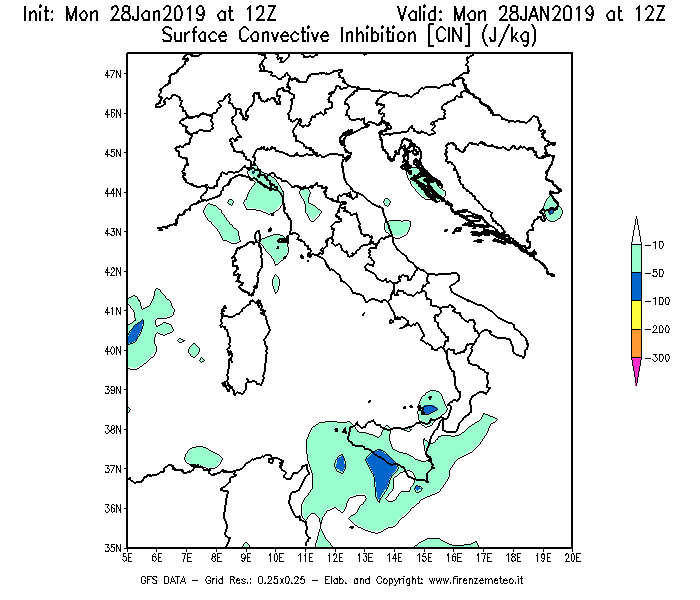 Mappa di analisi GFS - CIN [J/kg] in Italia
							del 28/01/2019 12 <!--googleoff: index-->UTC<!--googleon: index-->