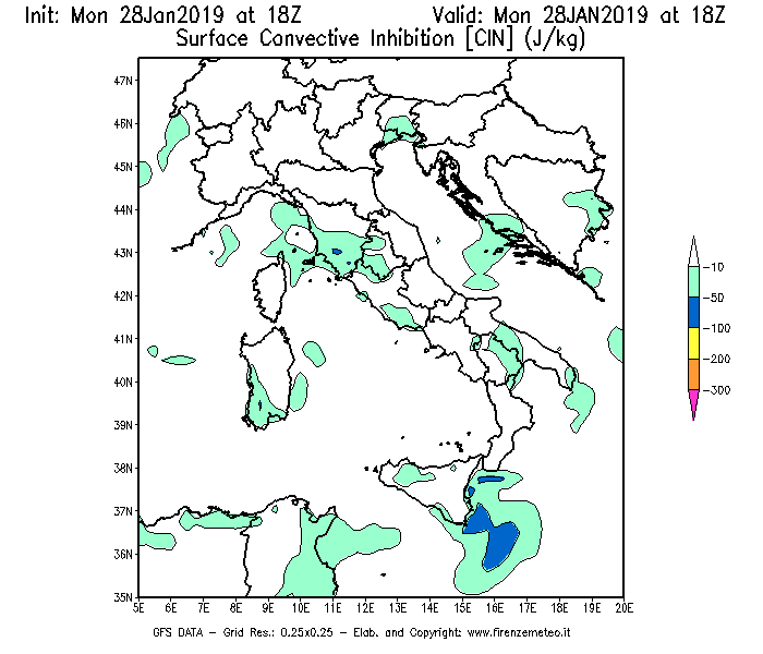 Mappa di analisi GFS - CIN [J/kg] in Italia
							del 28/01/2019 18 <!--googleoff: index-->UTC<!--googleon: index-->