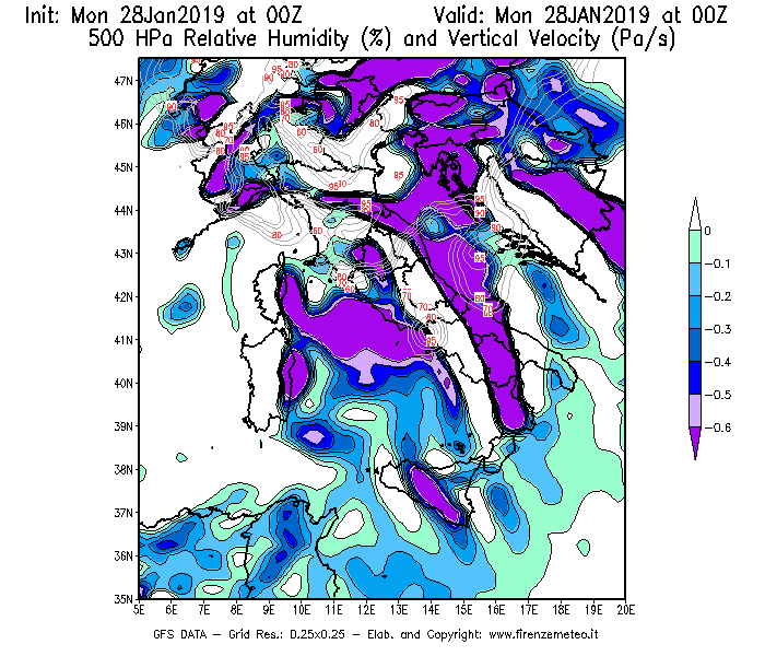 Mappa di analisi GFS - Umidità relativa [%] e Omega [Pa/s] a 500 hPa in Italia
							del 28/01/2019 00 <!--googleoff: index-->UTC<!--googleon: index-->