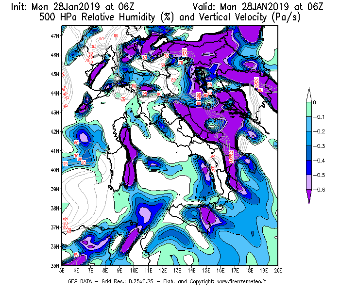 Mappa di analisi GFS - Umidità relativa [%] e Omega [Pa/s] a 500 hPa in Italia
							del 28/01/2019 06 <!--googleoff: index-->UTC<!--googleon: index-->