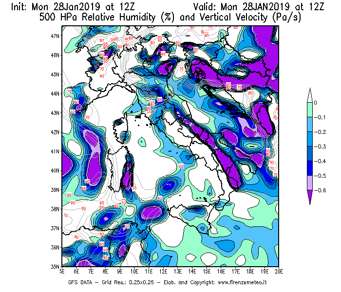 Mappa di analisi GFS - Umidità relativa [%] e Omega [Pa/s] a 500 hPa in Italia
							del 28/01/2019 12 <!--googleoff: index-->UTC<!--googleon: index-->
