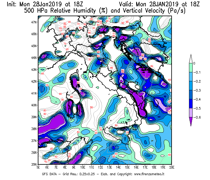 Mappa di analisi GFS - Umidità relativa [%] e Omega [Pa/s] a 500 hPa in Italia
							del 28/01/2019 18 <!--googleoff: index-->UTC<!--googleon: index-->
