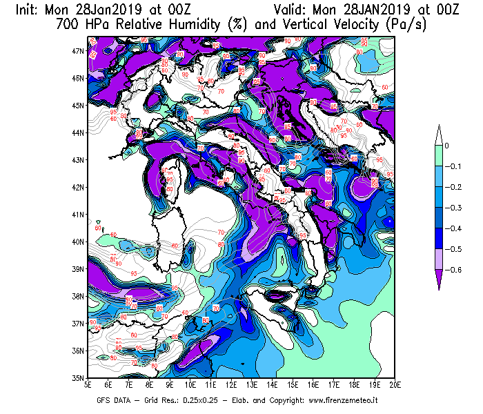 Mappa di analisi GFS - Umidità relativa [%] e Omega [Pa/s] a 700 hPa in Italia
							del 28/01/2019 00 <!--googleoff: index-->UTC<!--googleon: index-->
