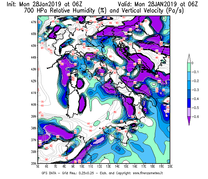 Mappa di analisi GFS - Umidità relativa [%] e Omega [Pa/s] a 700 hPa in Italia
							del 28/01/2019 06 <!--googleoff: index-->UTC<!--googleon: index-->