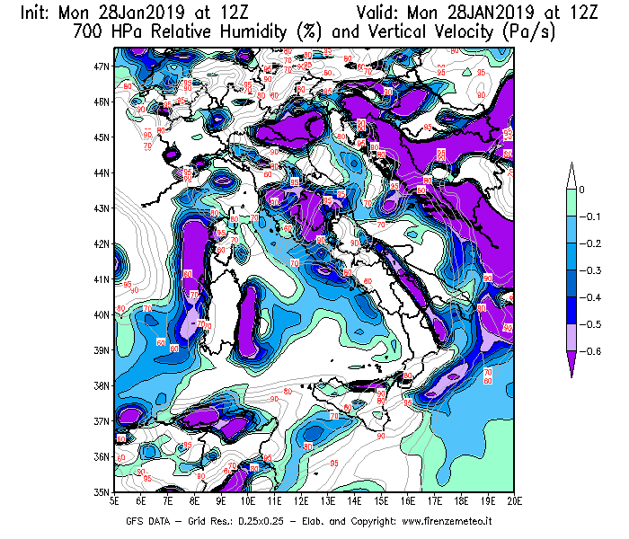 Mappa di analisi GFS - Umidità relativa [%] e Omega [Pa/s] a 700 hPa in Italia
							del 28/01/2019 12 <!--googleoff: index-->UTC<!--googleon: index-->