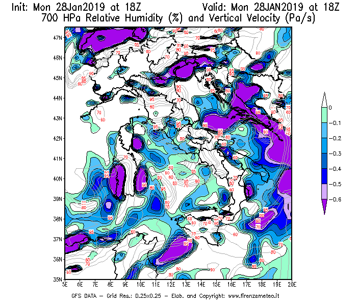 Mappa di analisi GFS - Umidità relativa [%] e Omega [Pa/s] a 700 hPa in Italia
							del 28/01/2019 18 <!--googleoff: index-->UTC<!--googleon: index-->