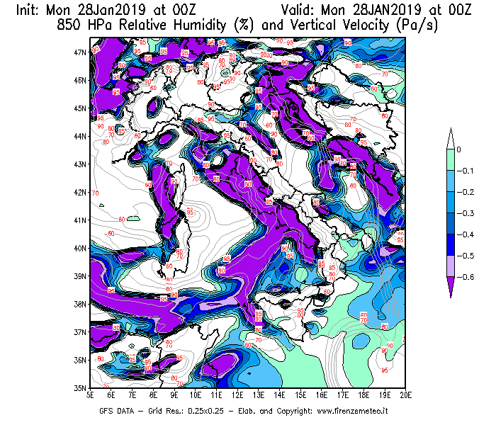 Mappa di analisi GFS - Umidità relativa [%] e Omega [Pa/s] a 850 hPa in Italia
							del 28/01/2019 00 <!--googleoff: index-->UTC<!--googleon: index-->