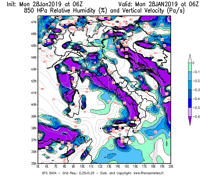 Mappa di analisi GFS - Umidità relativa [%] e Omega [Pa/s] a 850 hPa in Italia
							del 28/01/2019 06 <!--googleoff: index-->UTC<!--googleon: index-->