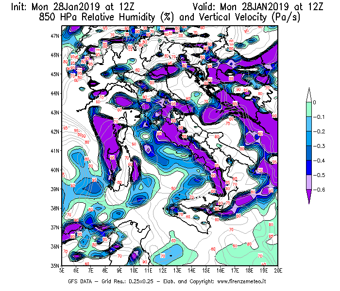 Mappa di analisi GFS - Umidità relativa [%] e Omega [Pa/s] a 850 hPa in Italia
							del 28/01/2019 12 <!--googleoff: index-->UTC<!--googleon: index-->