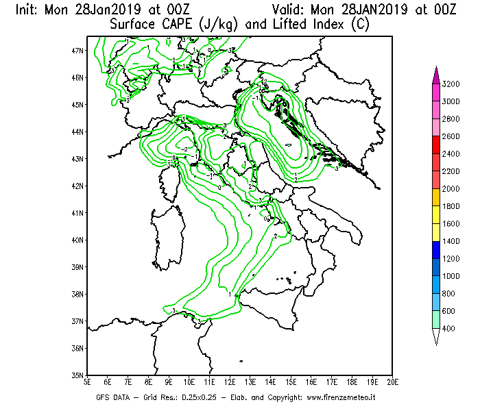 Mappa di analisi GFS - CAPE [J/kg] e Lifted Index [°C] in Italia
							del 28/01/2019 00 <!--googleoff: index-->UTC<!--googleon: index-->