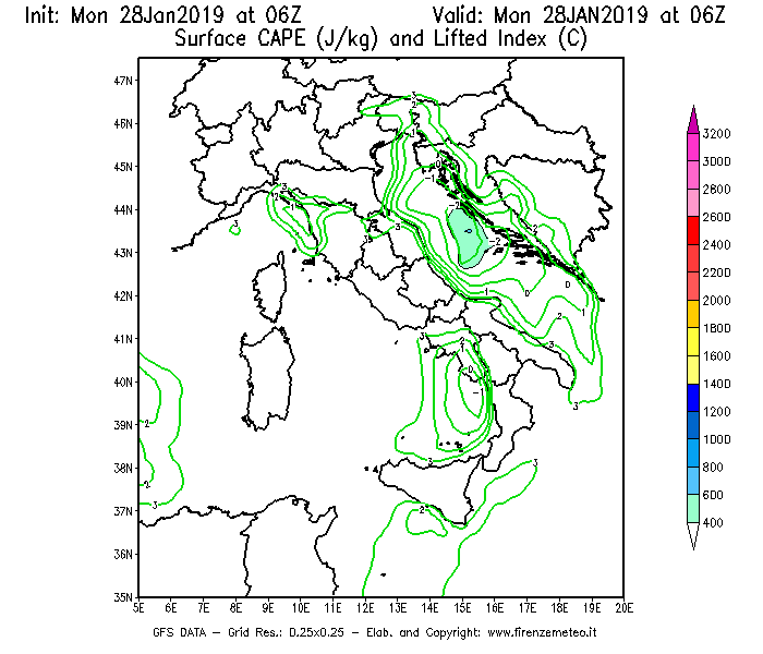 Mappa di analisi GFS - CAPE [J/kg] e Lifted Index [°C] in Italia
							del 28/01/2019 06 <!--googleoff: index-->UTC<!--googleon: index-->