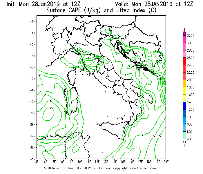Mappa di analisi GFS - CAPE [J/kg] e Lifted Index [°C] in Italia
							del 28/01/2019 12 <!--googleoff: index-->UTC<!--googleon: index-->