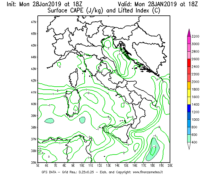 Mappa di analisi GFS - CAPE [J/kg] e Lifted Index [°C] in Italia
							del 28/01/2019 18 <!--googleoff: index-->UTC<!--googleon: index-->