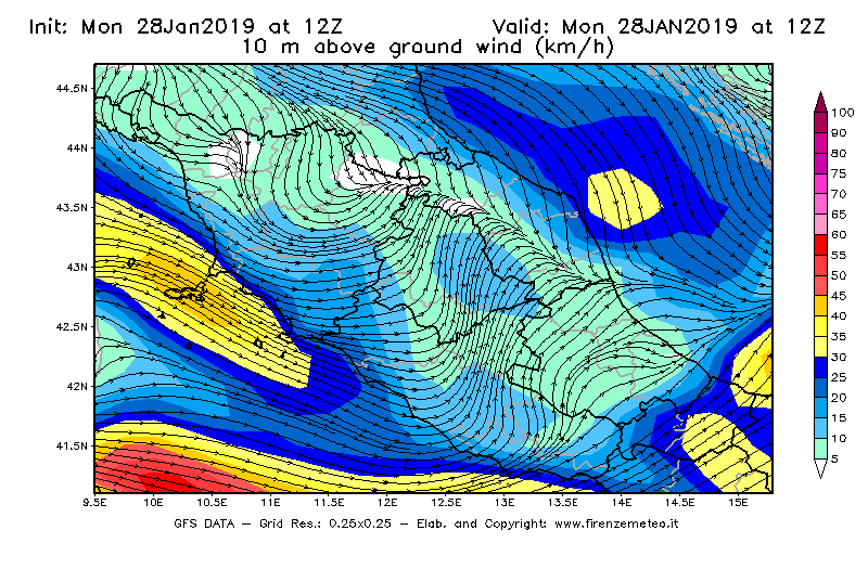 Mappa di analisi GFS - Velocità del vento a 10 metri dal suolo [km/h] in Centro-Italia
							del 28/01/2019 12 <!--googleoff: index-->UTC<!--googleon: index-->