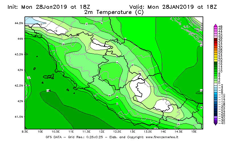 Mappa di analisi GFS - Temperatura a 2 metri dal suolo [°C] in Centro-Italia
							del 28/01/2019 18 <!--googleoff: index-->UTC<!--googleon: index-->