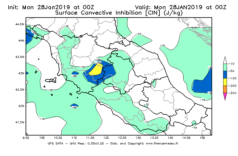 Mappa di analisi GFS - CIN [J/kg] in Centro-Italia
							del 28/01/2019 00 <!--googleoff: index-->UTC<!--googleon: index-->