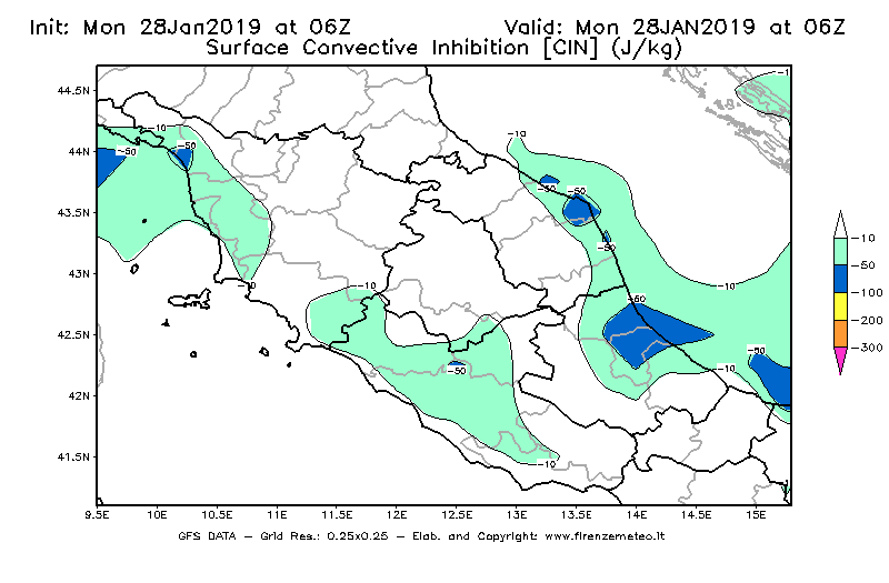 Mappa di analisi GFS - CIN [J/kg] in Centro-Italia
							del 28/01/2019 06 <!--googleoff: index-->UTC<!--googleon: index-->