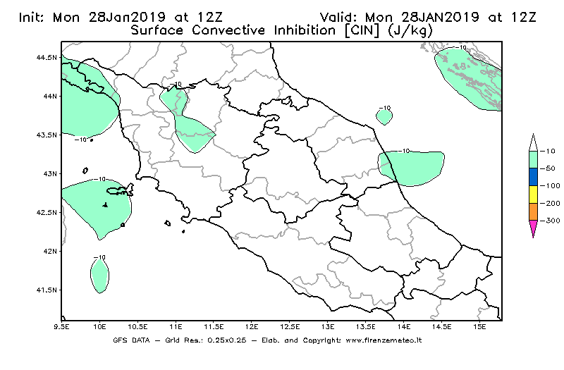Mappa di analisi GFS - CIN [J/kg] in Centro-Italia
							del 28/01/2019 12 <!--googleoff: index-->UTC<!--googleon: index-->