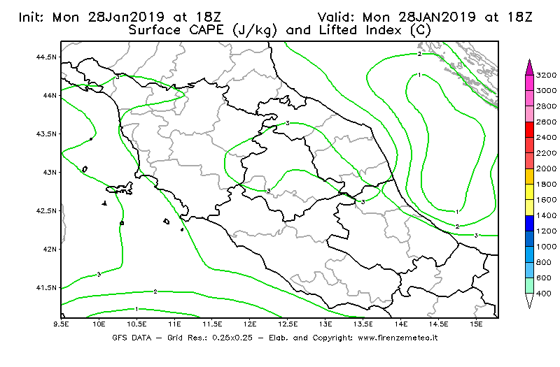 Mappa di analisi GFS - CAPE [J/kg] e Lifted Index [°C] in Centro-Italia
							del 28/01/2019 18 <!--googleoff: index-->UTC<!--googleon: index-->