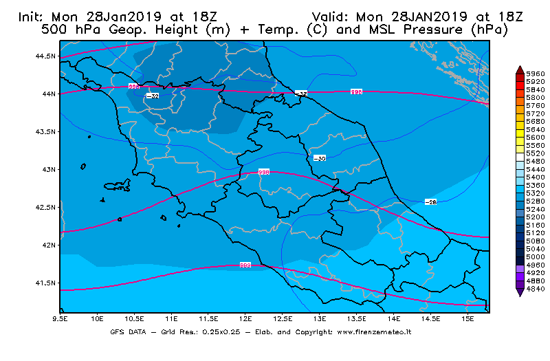Mappa di analisi GFS - Geopotenziale [m] + Temp. [°C] a 500 hPa + Press. a livello del mare [hPa] in Centro-Italia
							del 28/01/2019 18 <!--googleoff: index-->UTC<!--googleon: index-->