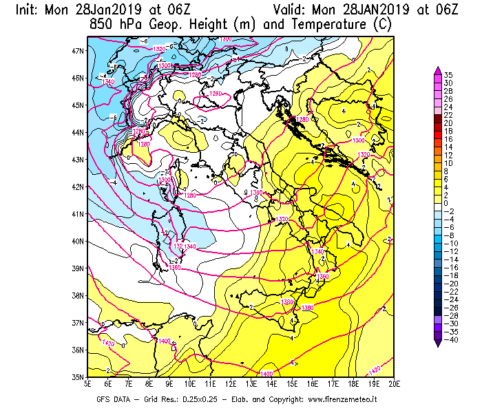 Mappa di analisi GFS - Geopotenziale [m] e Temperatura [°C] a 850 hPa in Italia
							del 28/01/2019 06 <!--googleoff: index-->UTC<!--googleon: index-->